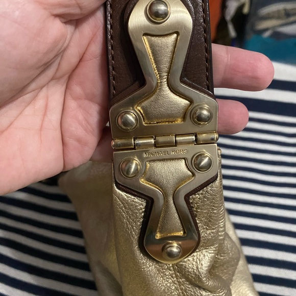 Designer MK Hobo Bag in Metallic Gold Leather Brown Accents Gold Hardware - Picture 6 of 10